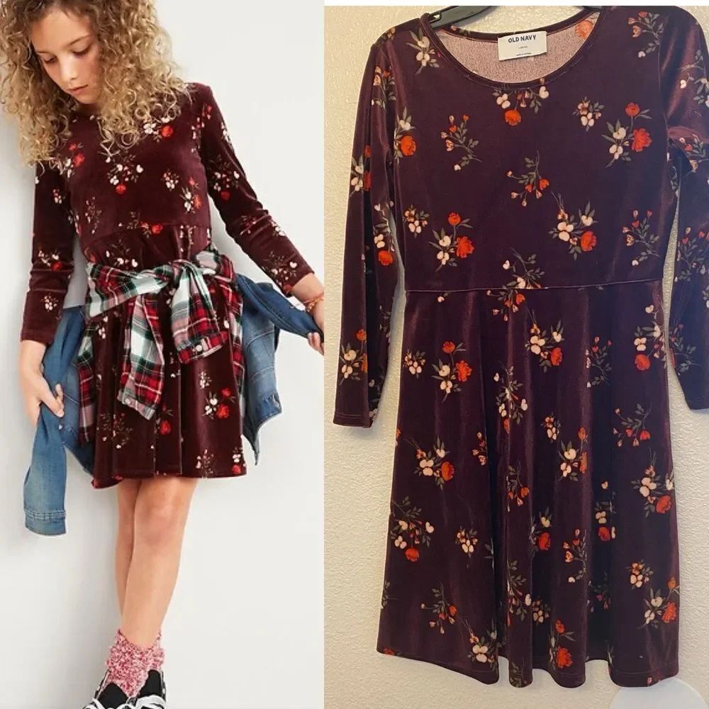 Old Navy Long Sleeve Velvet Fit & Flare burgundy red floral stretch Dress 10-12